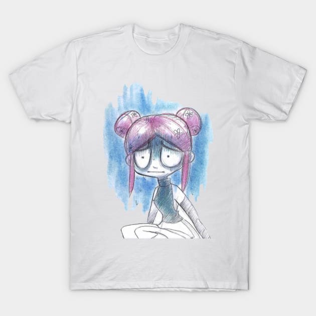 Anxious Girl with Space Buns T-Shirt by saradaboru